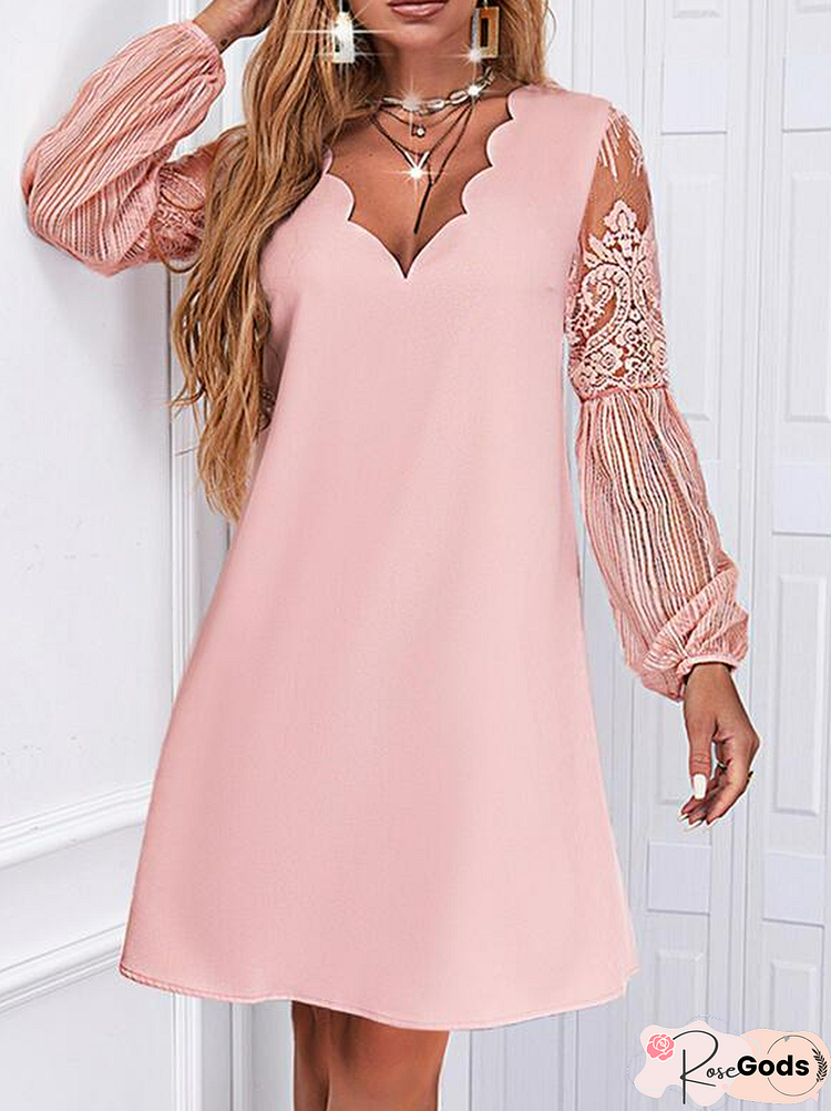 Urban Solid Lace Long Sleeves Shift Knee Length Casual Tunic Dresses