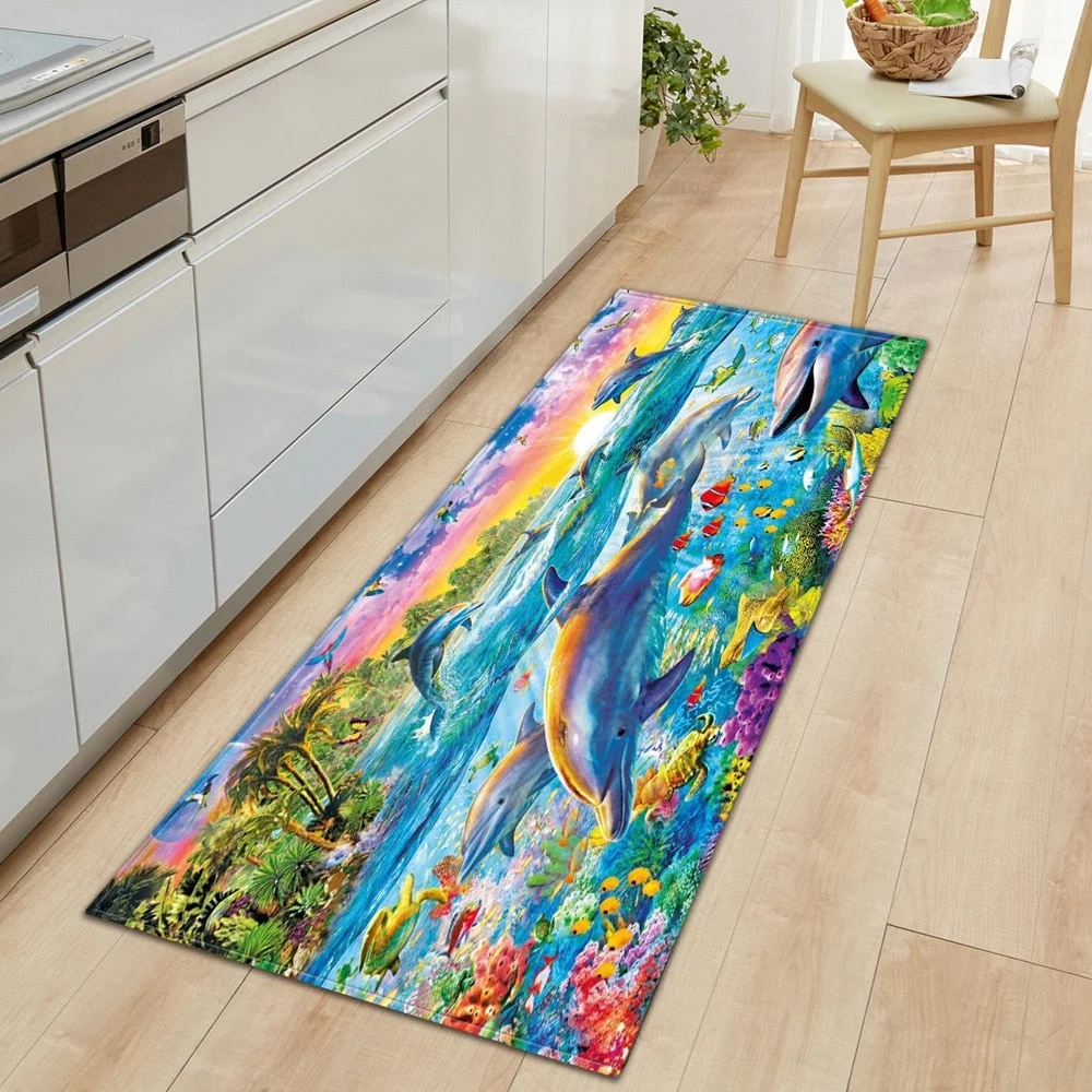 3D Underwater World Kitchen Mat  Entrance Doormat Bedroom Floor Decoration Living Room Carpet Bathroom Non-Slip Rug Long Strip