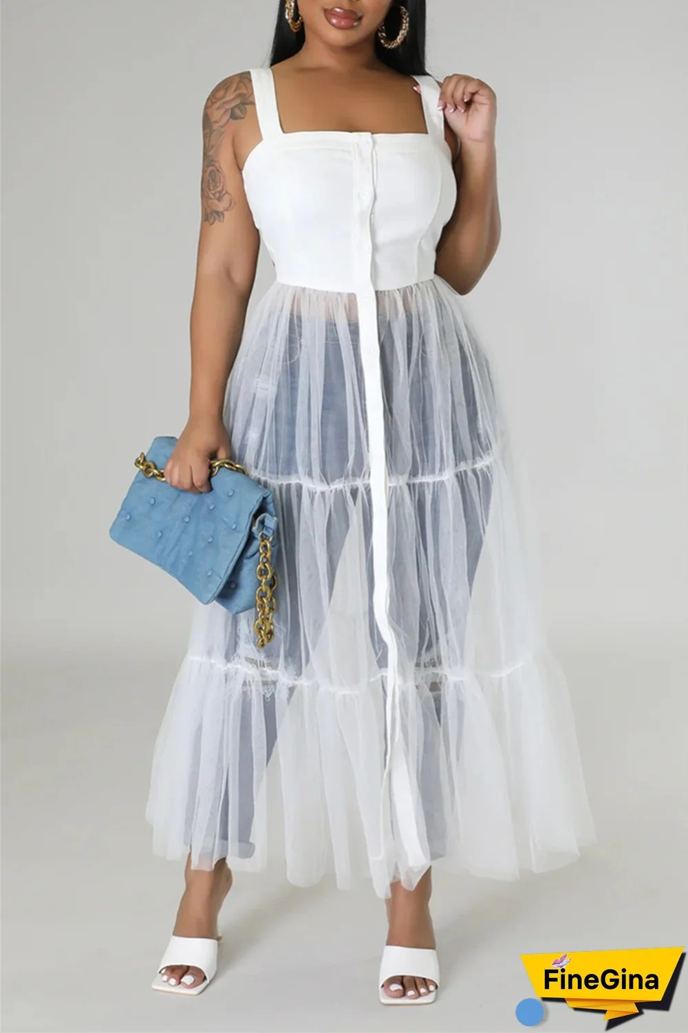 Black Casual Simplicity Solid Patchwork Fold Mesh Spaghetti Strap High Waist Tops