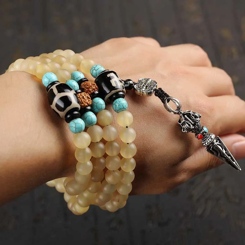 108 Beads Tibetan Sheep Horn Dzi Bead Turquoise Necklace Bracelet Mala