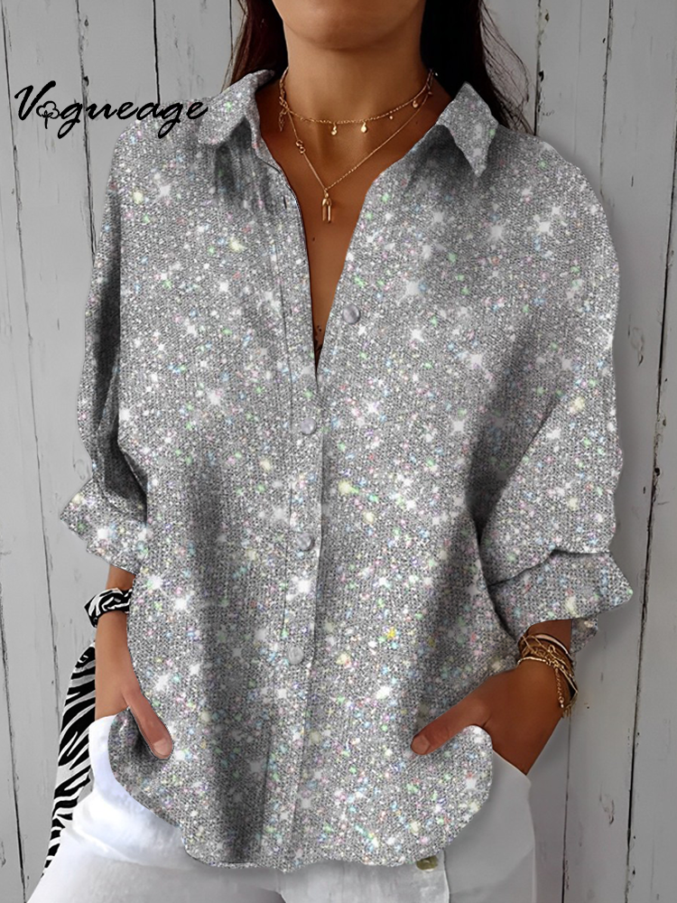 Fashion Christmas Glitter Prints Christmas  Tree Printing Cotton And Linen Shirt