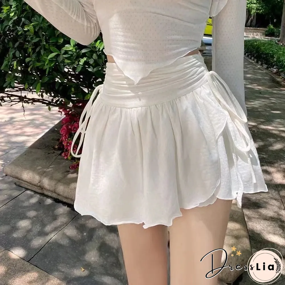 White fluffy mini skirt women kawaii drawstring pleated a-line short cute high waist
