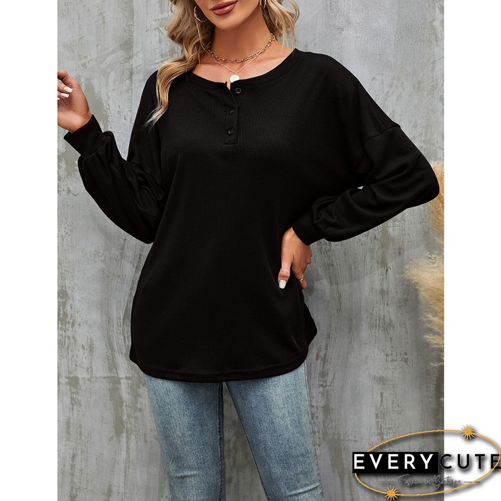 Black Button-up Drop Shoulder Puff Sleeve Tops