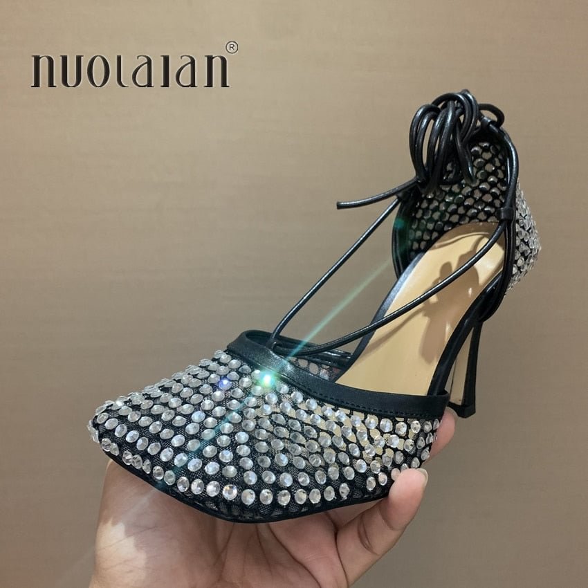 Size 35-42 Crystal Green Women Fishnet Pumps Runway Square Toe Ankle Cross Tied High Heels Rhinestone Sandals Shoes Woman