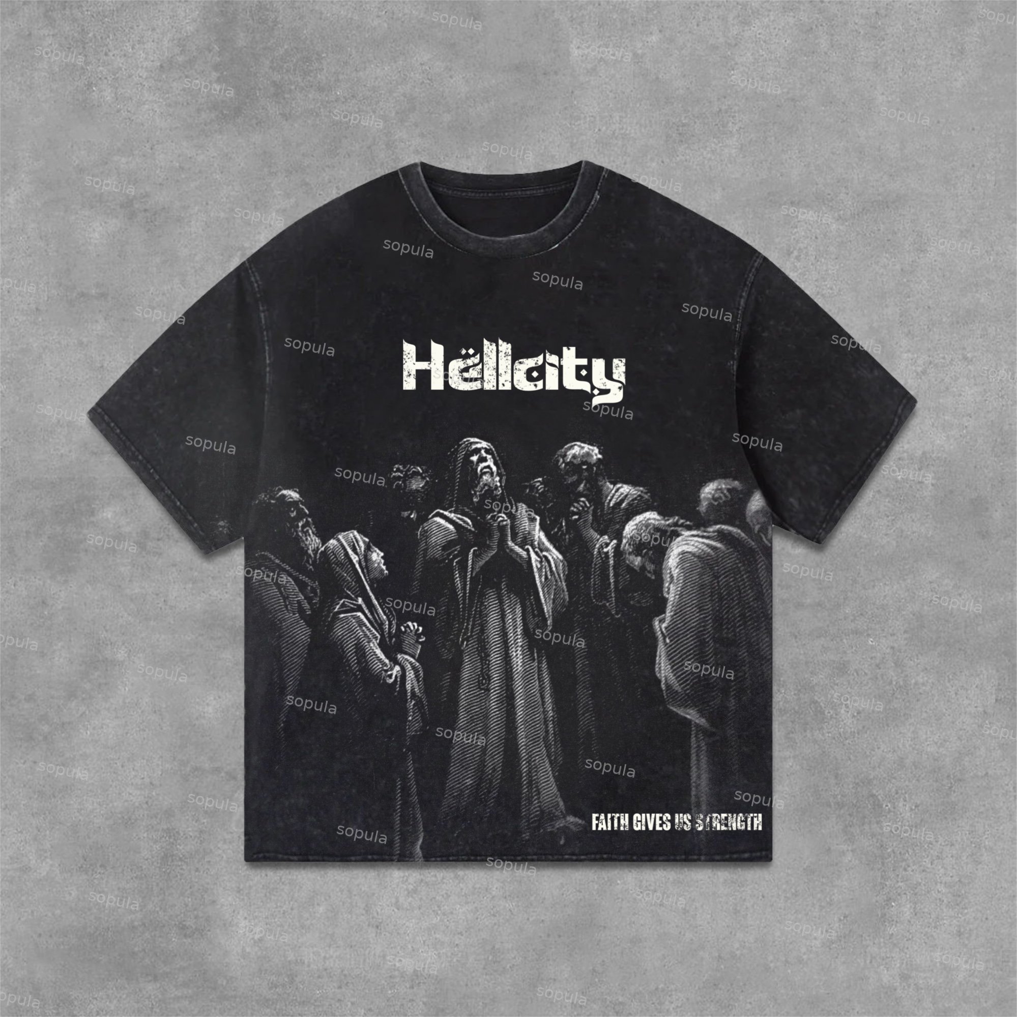 Hellcity-Belief In God Graphics Acid Washed T-Shirt - SOPULA
