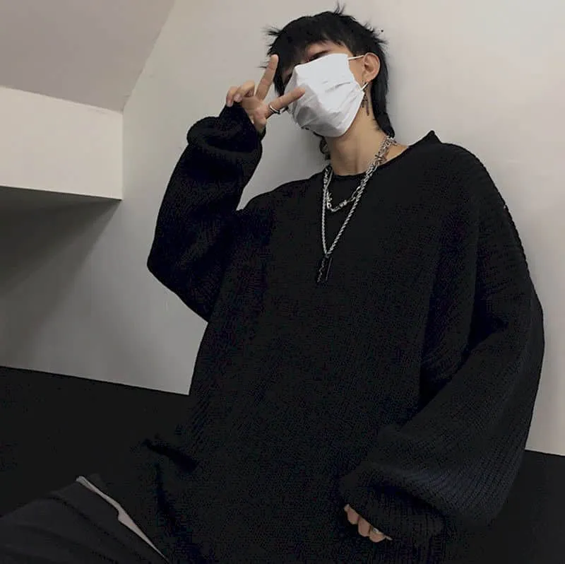 Lazy Couple Male  Harajuku Retro Trend Thick Line Sweater Solid Color Loose Oversize Top Autumn Winter Oversized Sweater