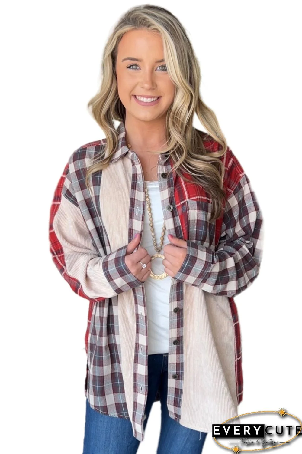 Plaid Corduroy Patchwork Shacket