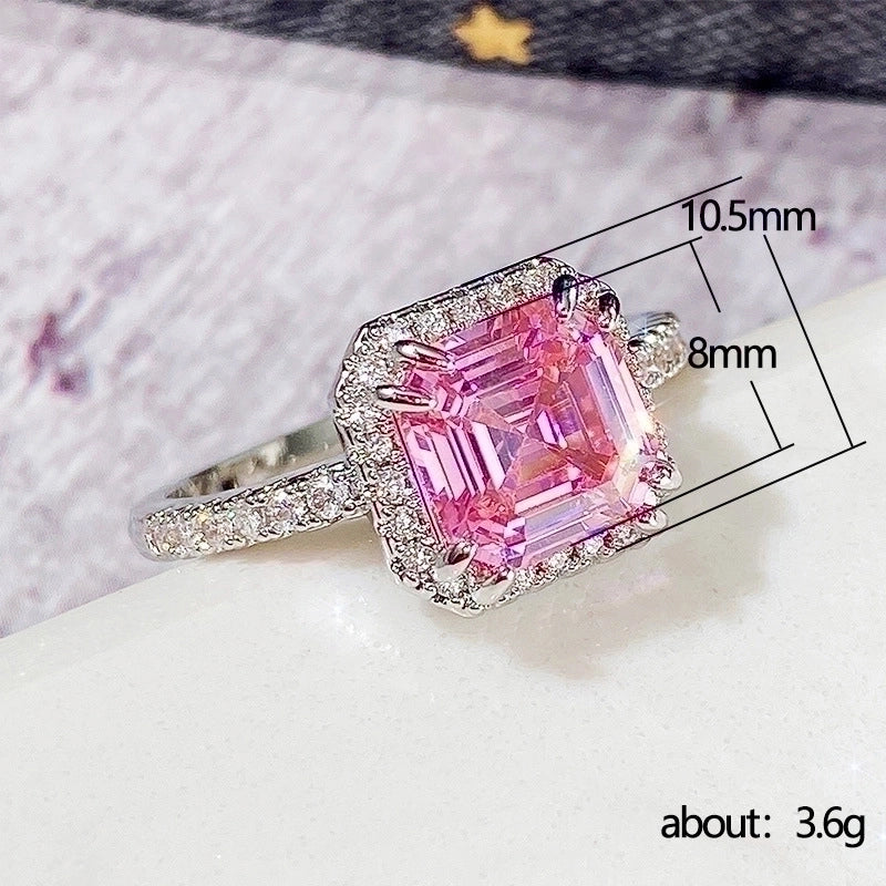 Hand Jewelry Classic Square Pink Diamond Princess Micro-encrusted Women’s Copper Ring