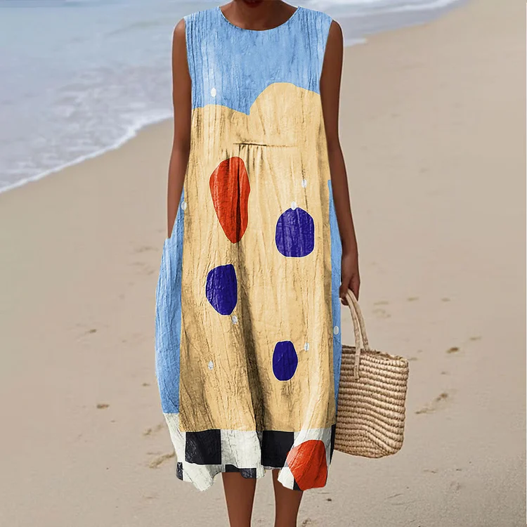Women's Retro Abstract Spot Art Print Sleeveless Cotton Pocket Wrap Dress
