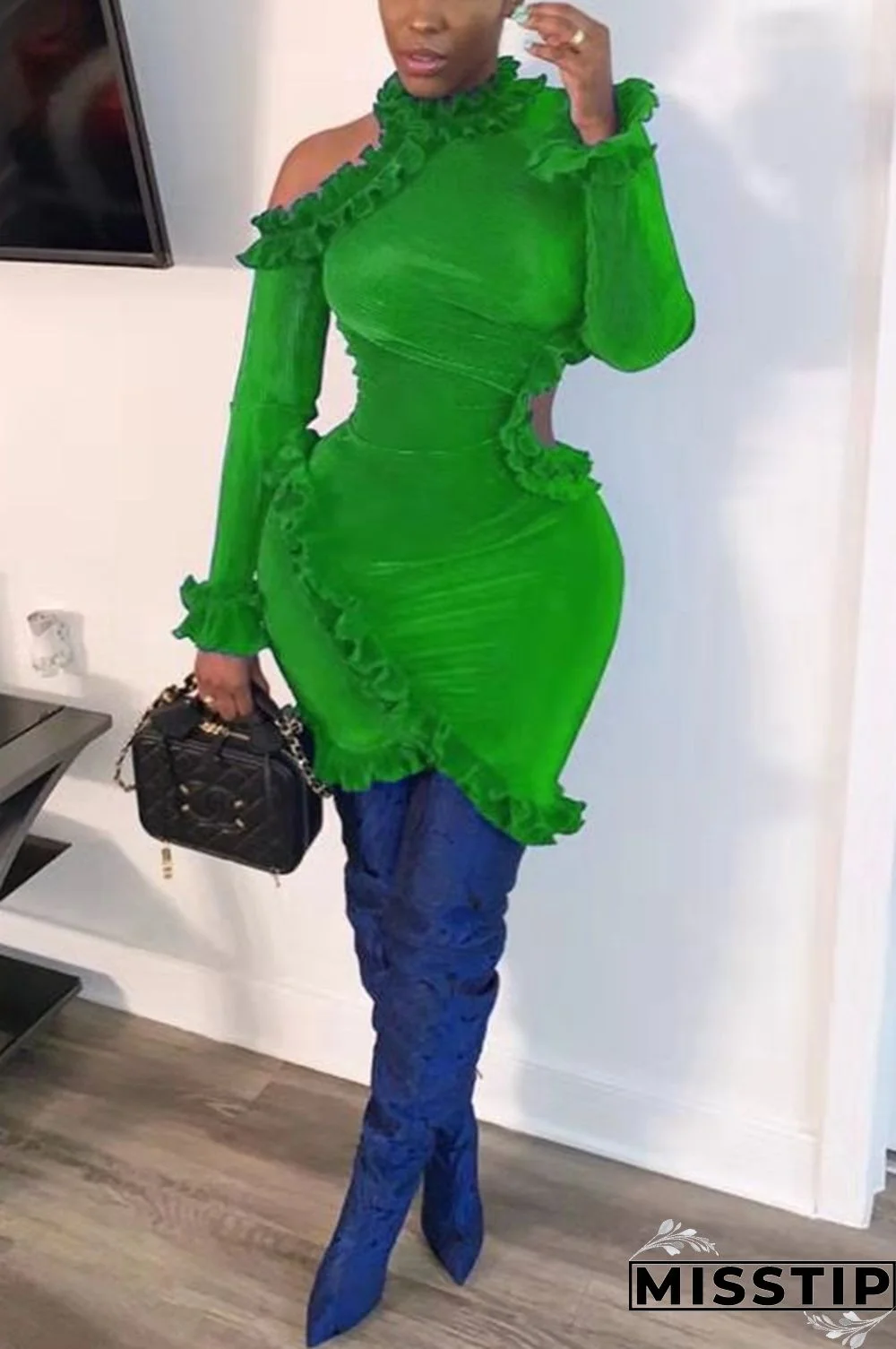 Green Sexy Solid Color Wooden Ear Irregular Dress