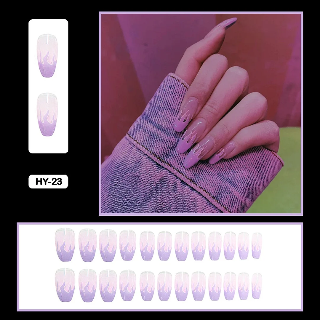 24PCS Dark Punk False Nails with Glue Gradient Long Detachable Fire Stick on Nails Skull Flame  Art DIY Fashion Manicure Tool-Nail Inspo