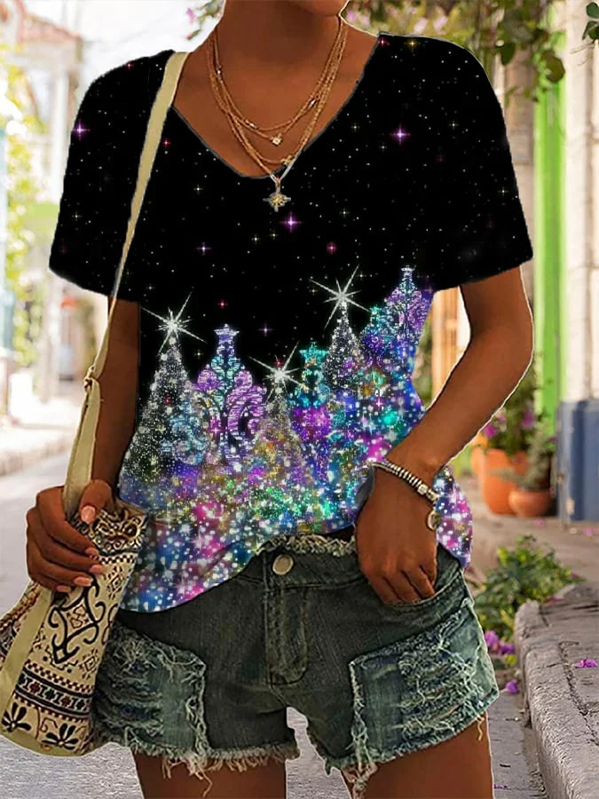 Glitter Print V-Neck Casual T-Shirt