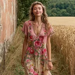 Boho Ethnic Floral Print Women's Linen V-neck Short Sleeve Maxi Dress - Image 2