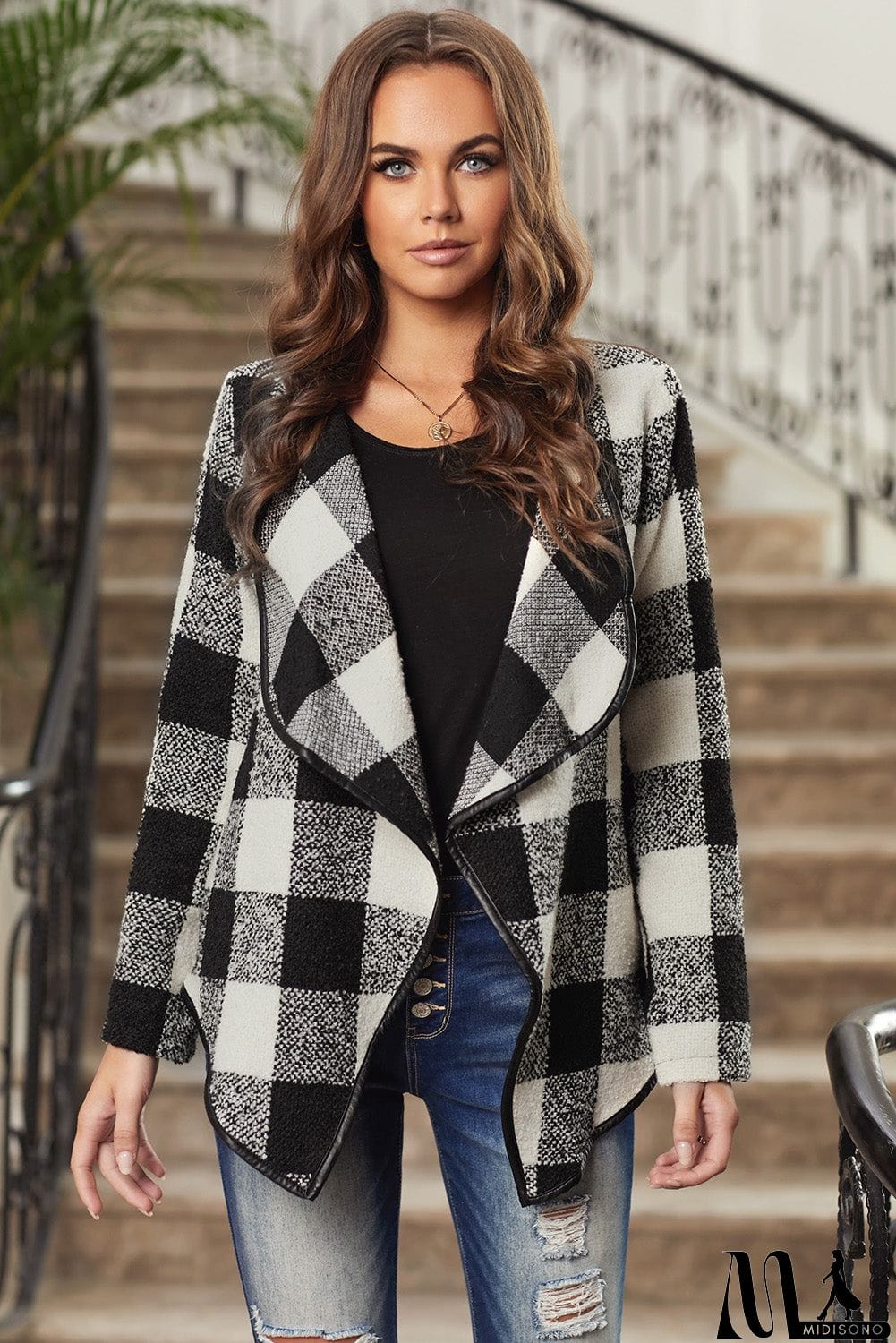 MidiSono - Plaid Long Sleeve Asymmetric Collar Open Front Coat