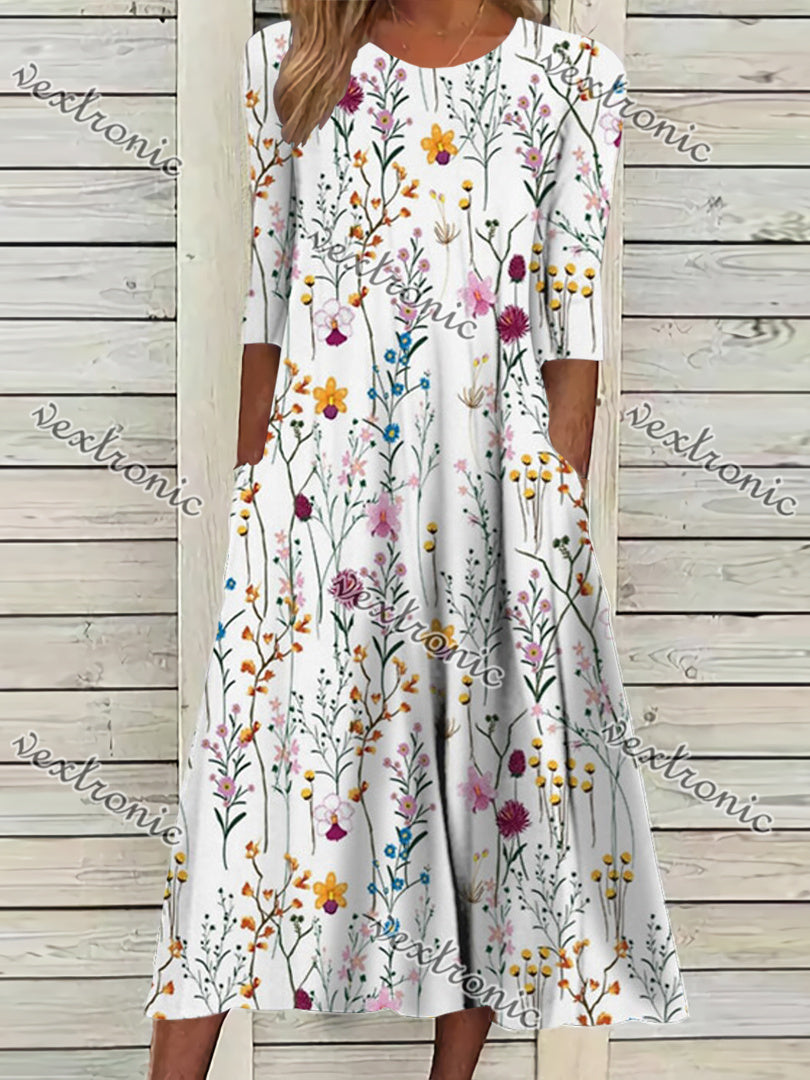 Women's White Scoop Neck Short Sleeve Floral Printed Graphic Midi Dress