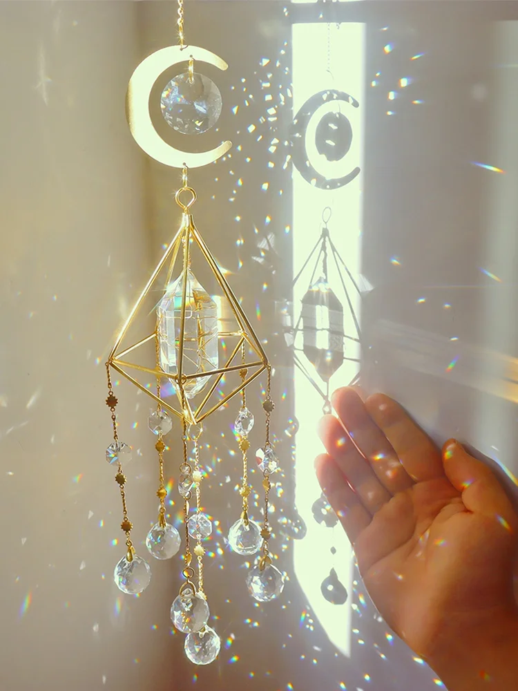 Metal Rainbow Collection Hanging Hexagon Moon Crystal Prisms Wind Chimes