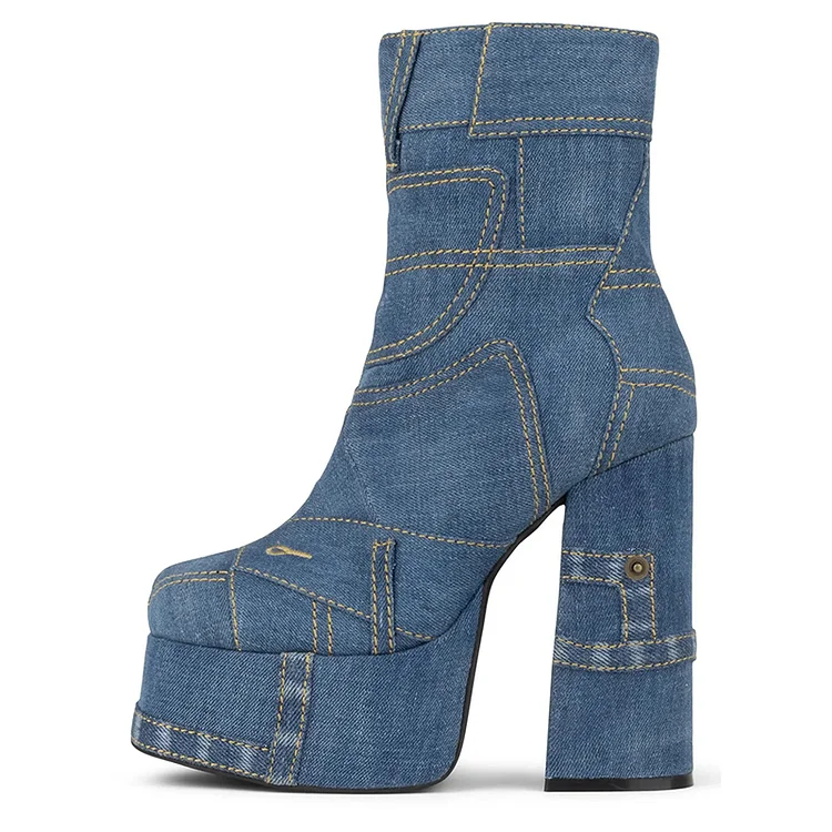 Blue Denim Patchwork Round Toe Chunky Heel Platform Ankle Boots |FSJ Shoes