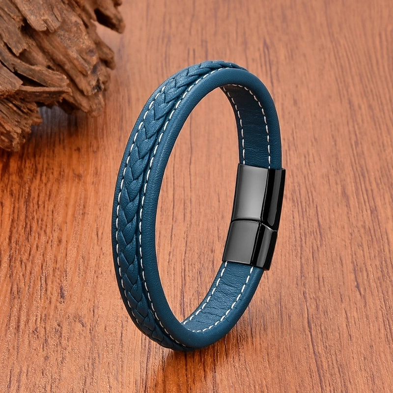 Minimalist Classic Style Commute Solid Color 316L Stainless Steel Leather Rope Unisex Bracelets