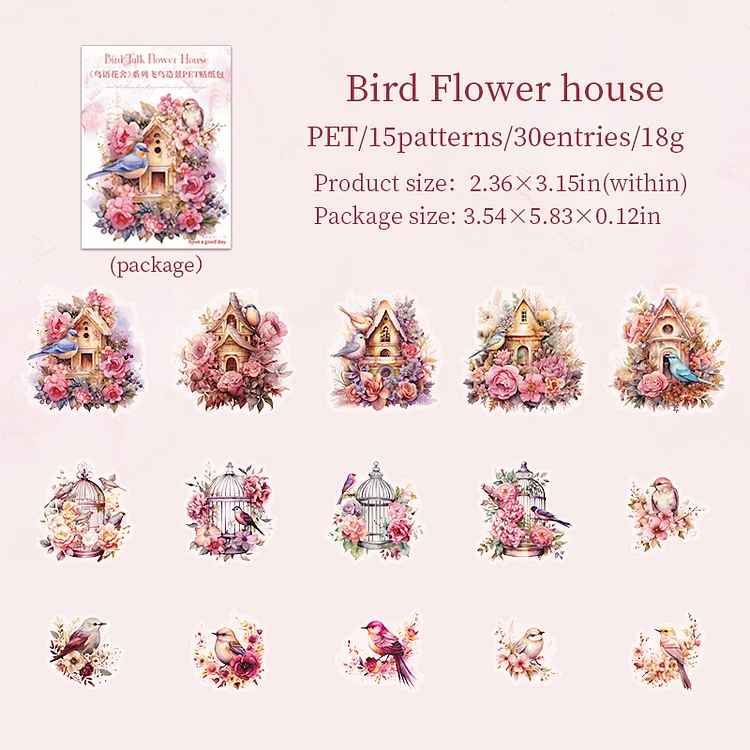 Journalsay 30 Sheets Birds Talk Flower House Series Vintage Flower Birdcage Landscaping PET Sticker