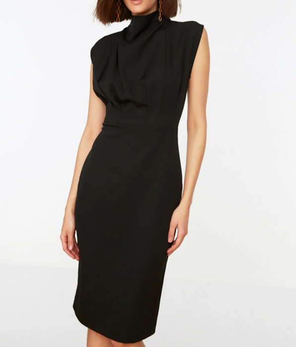 Elegant business office small turtleneck cinched waist and shoulders sleeveless women's dress