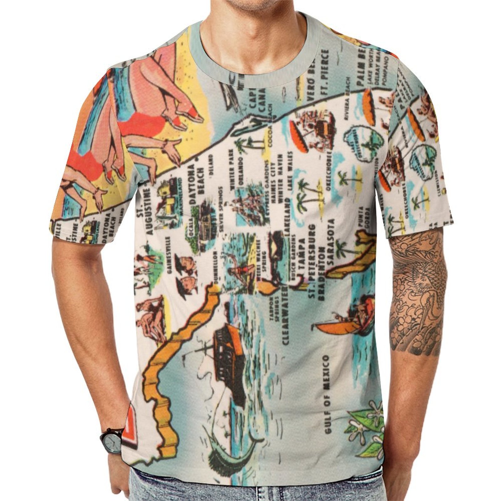 Vintage Florida Map Kitschy Greetings Short Sleeve Print Unisex Tshirt Summer Casual Tees for Men and Women Coolcoshirts