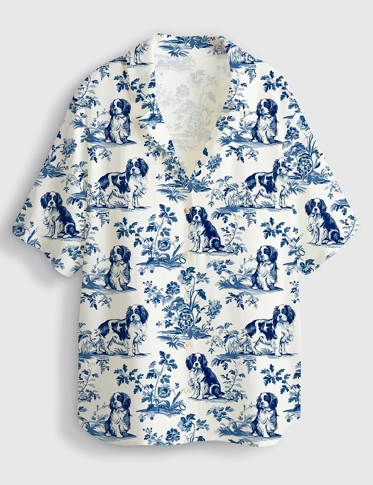 Women&rsquo;s Cavalier King Charles Spaniel French Dog Short Sleeve Linen Blend Hawaiian Shirt