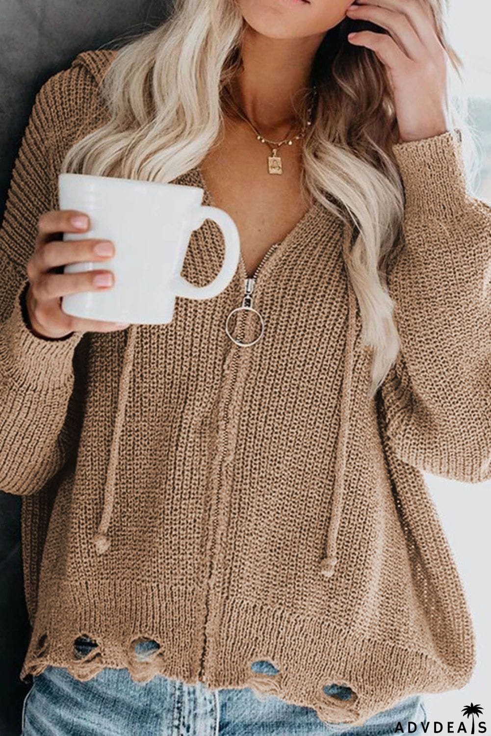 Zipper V-neck Dropped Sleeve Hooded Solid Sweater