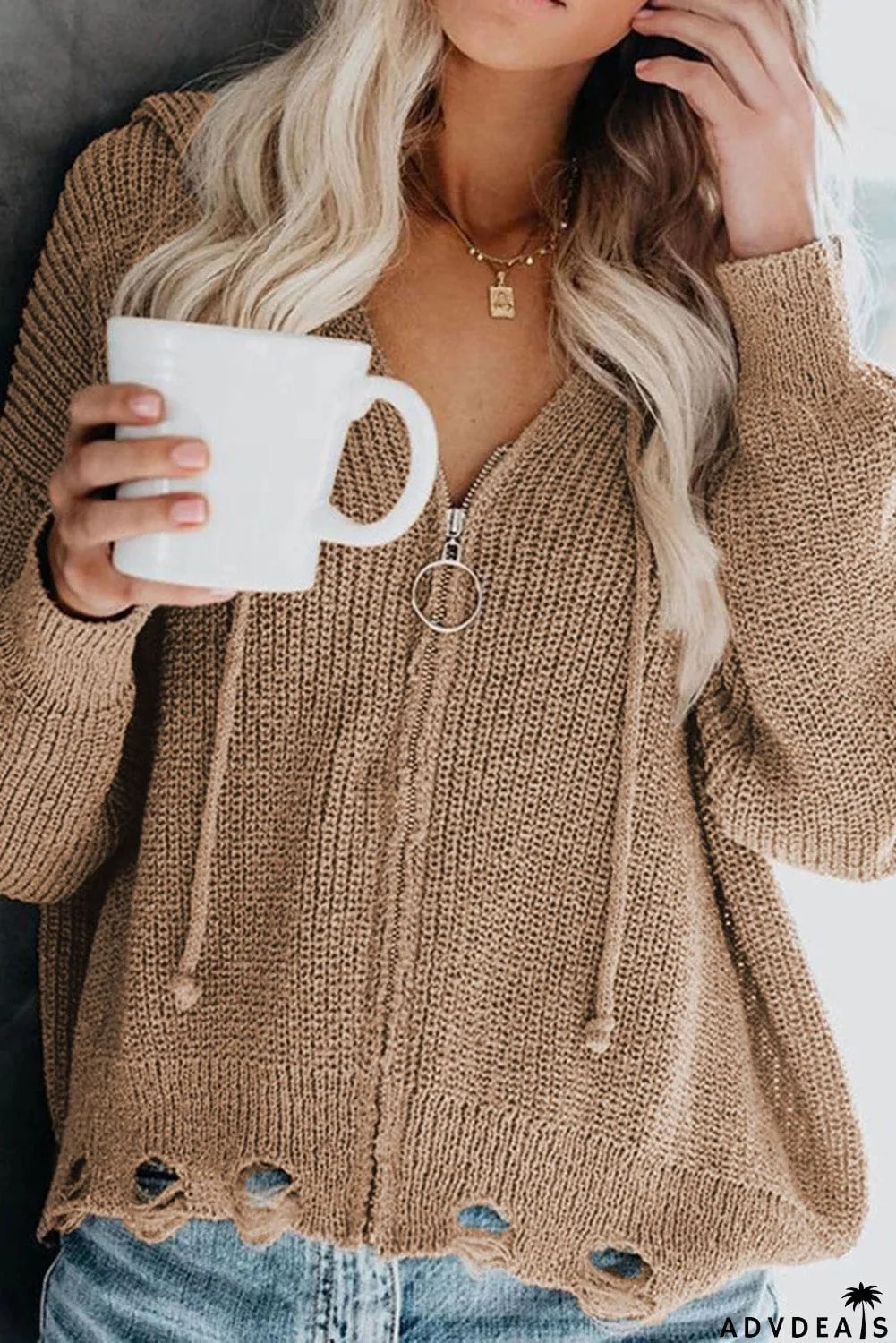 Zipper V-neck Dropped Sleeve Hooded Solid Sweater