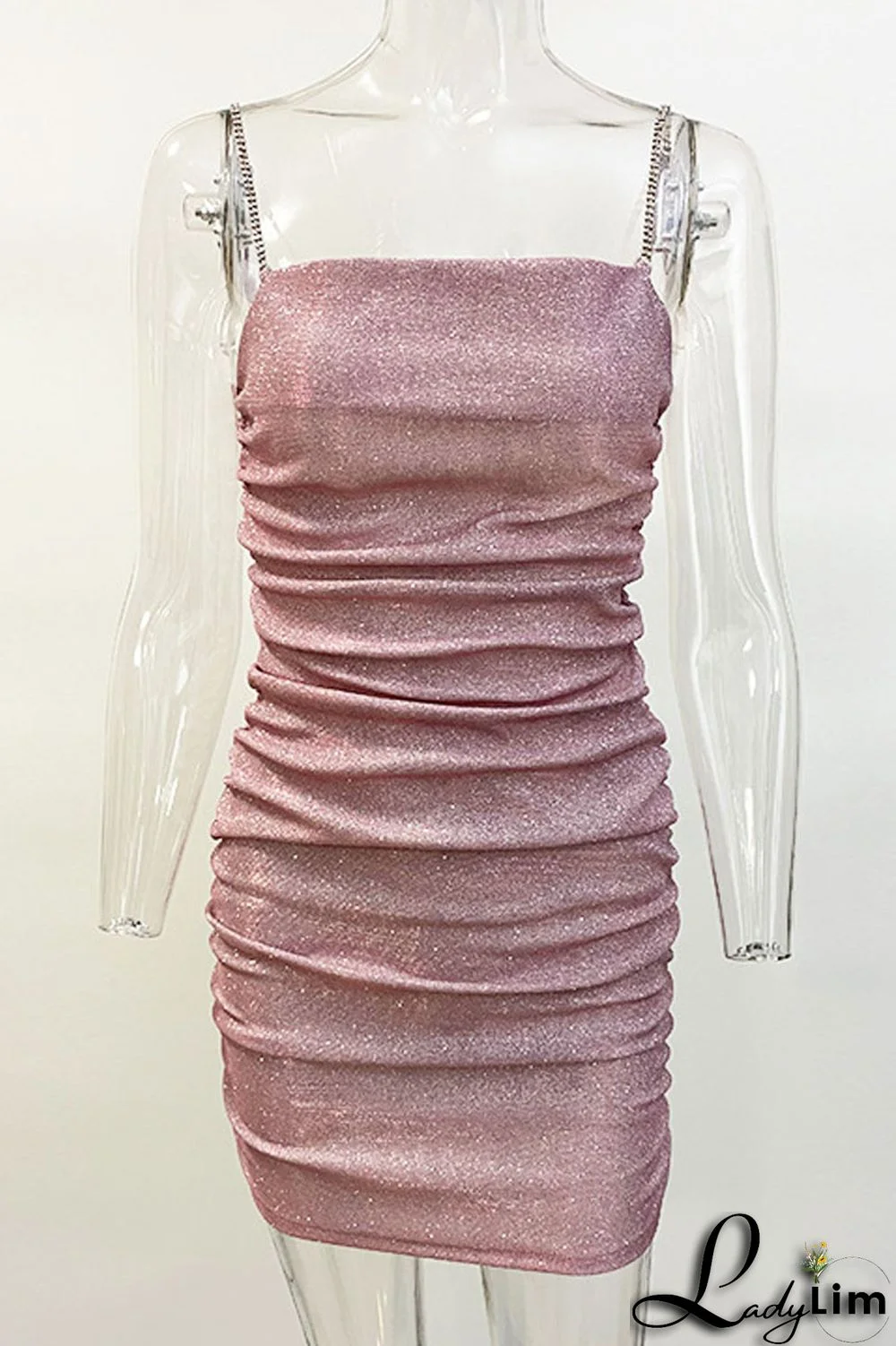 Silver Sexy Solid Fold Rhinestone Square Collar A Line Dresses