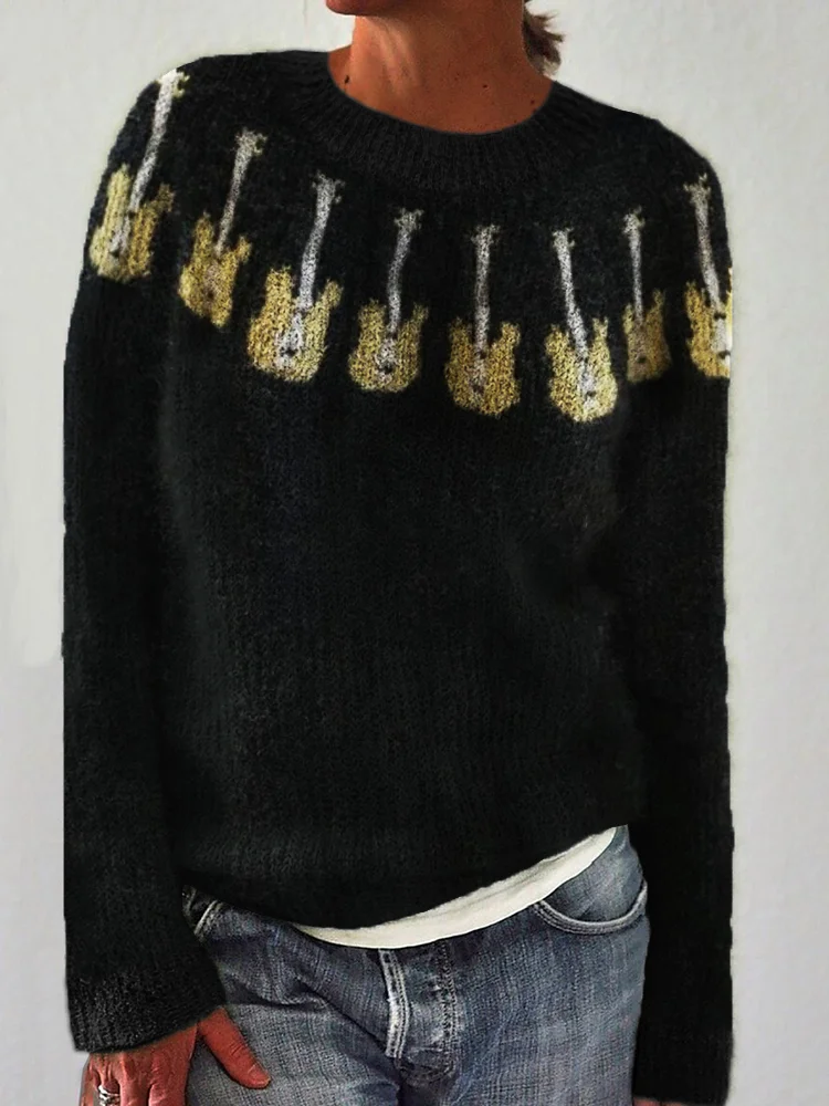 Music Lover Guitars Yoke Pattern Cozy Knit Sweater