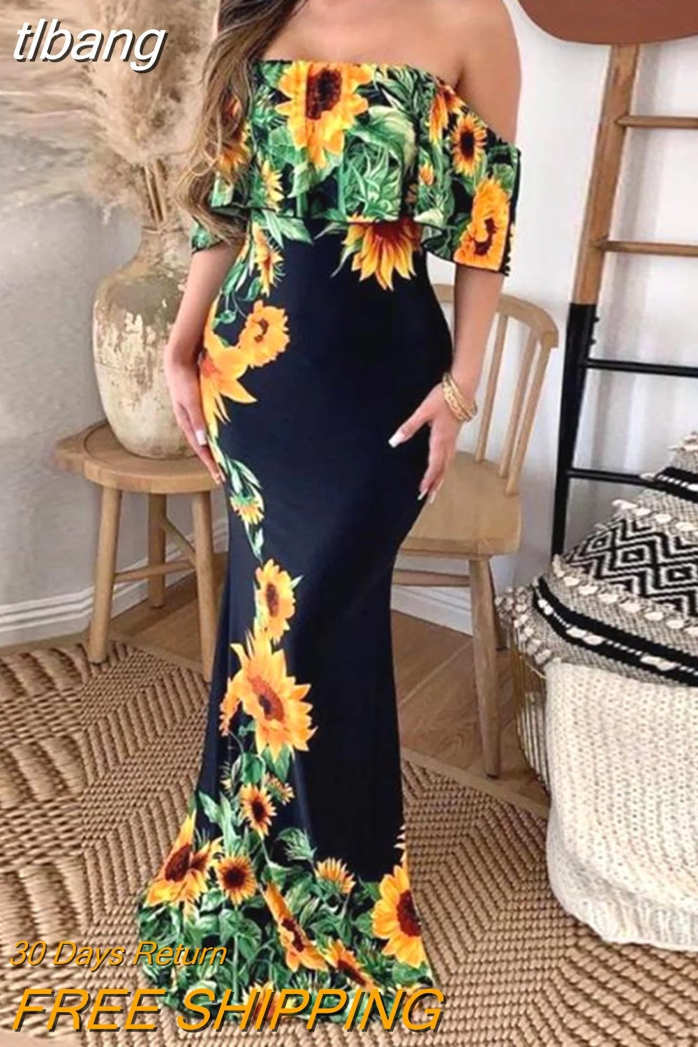 tlbang Dresses Women Sexy Sunflower Print Off Shoulder Ruffle Hem Mermaid Skinny Maxi Dress Vacation New Fashion 2023 Summer