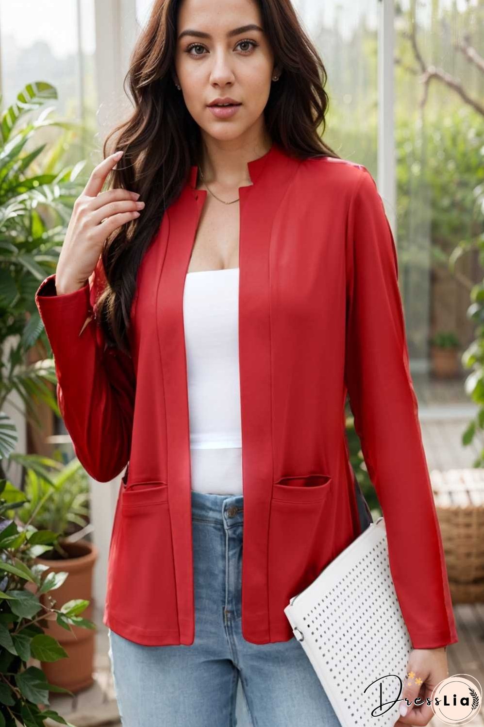 solid long sleeves pockets open front versatile blazer