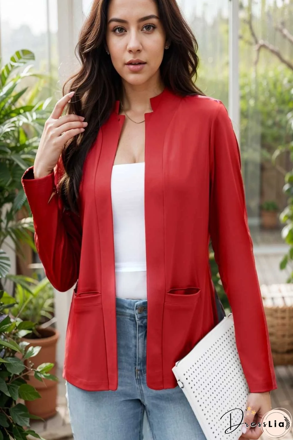 solid long sleeves pockets open front versatile blazer