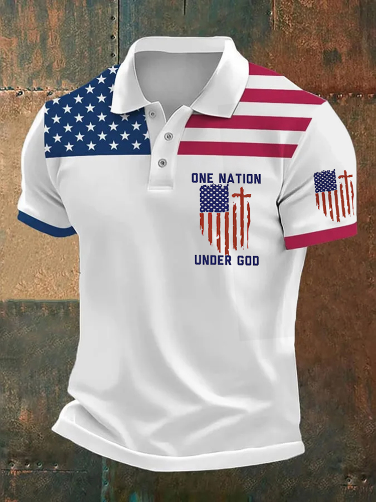 Men's Casual Independence Day Flag One Nation Under God Art Polo Shirt wearshes
