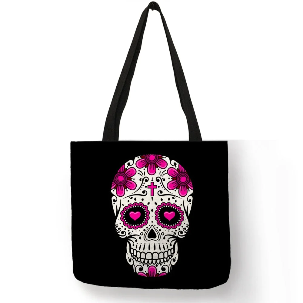 Floral Skull Tote Bag Day Of the Dead Halloween Handbags For Women Reusable Shopping Bags Traveling Totes Double Side Print