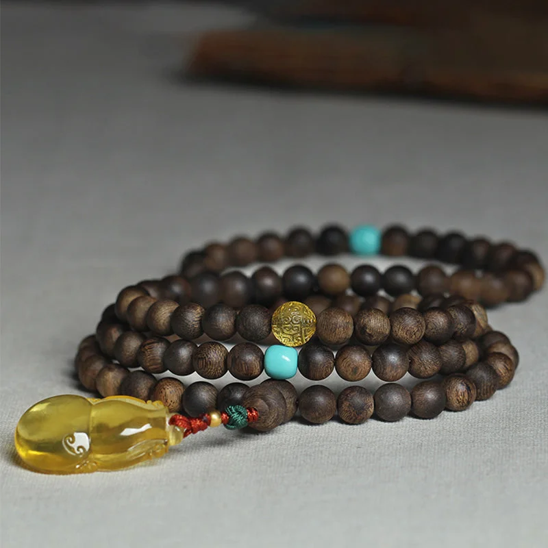 999 Gold 108 Mala Beads Nha Trang Agarwood Amber Turquoise Prayer Meditation Bracelet