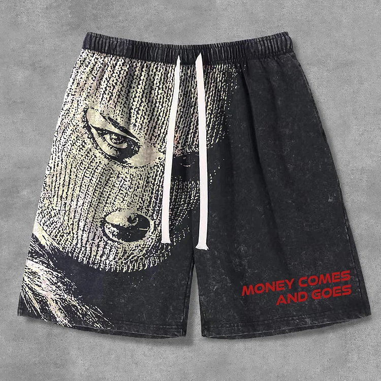 Gangster Hood Money Retro Graphics Acid Washed Drawstring Shorts SOPULA