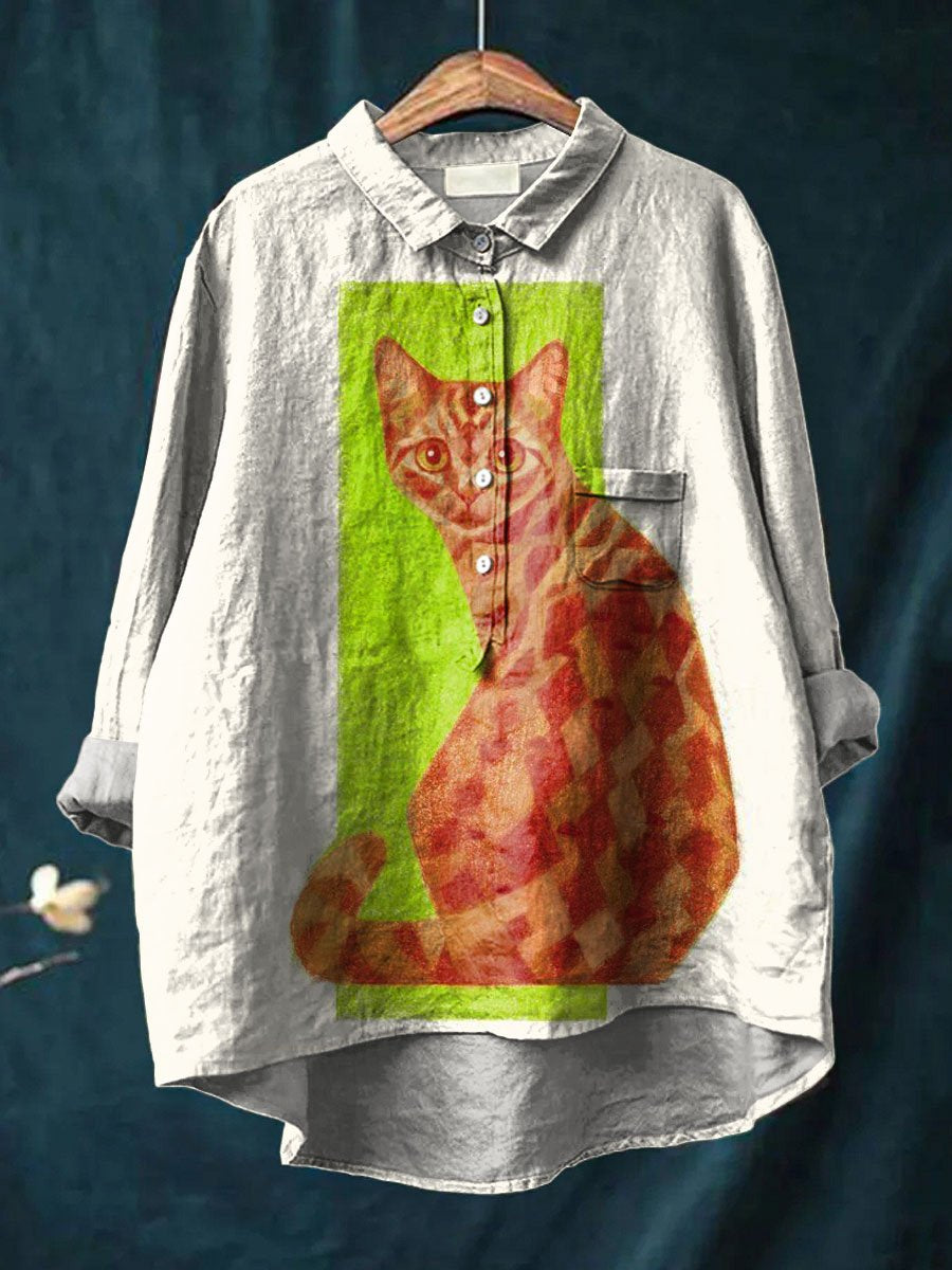 Vintage Funny Cat Art Print Casual Cotton And Linen Shirt