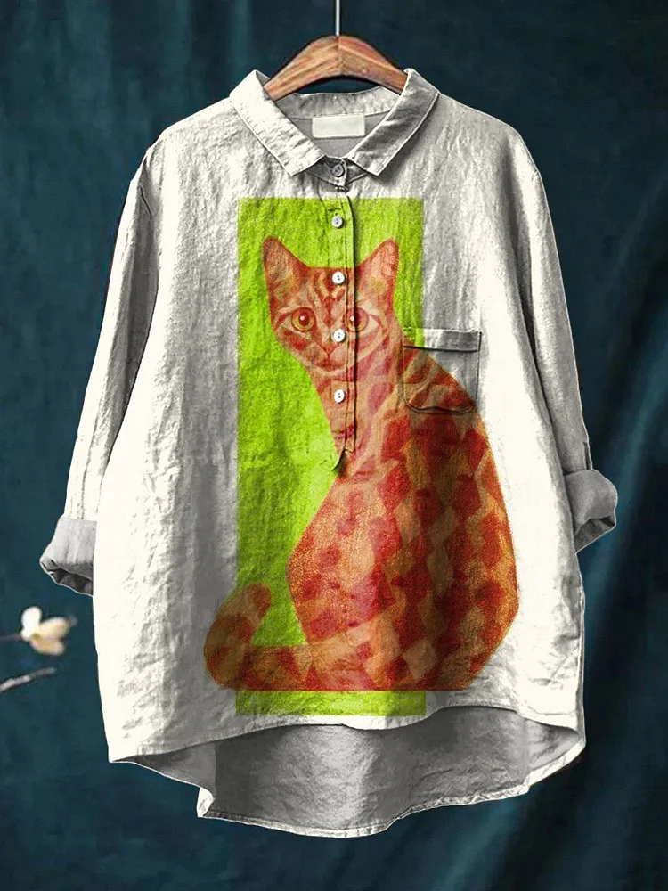 Vintage Funny Cat Art Print Casual Cotton And Linen Shirt