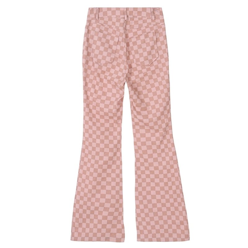 Dulzura Pink Checkboard Plaid Women High Waist Flare Pants Bell Jeans Streetwear 2020 Autumn Winter Clothes Trousers