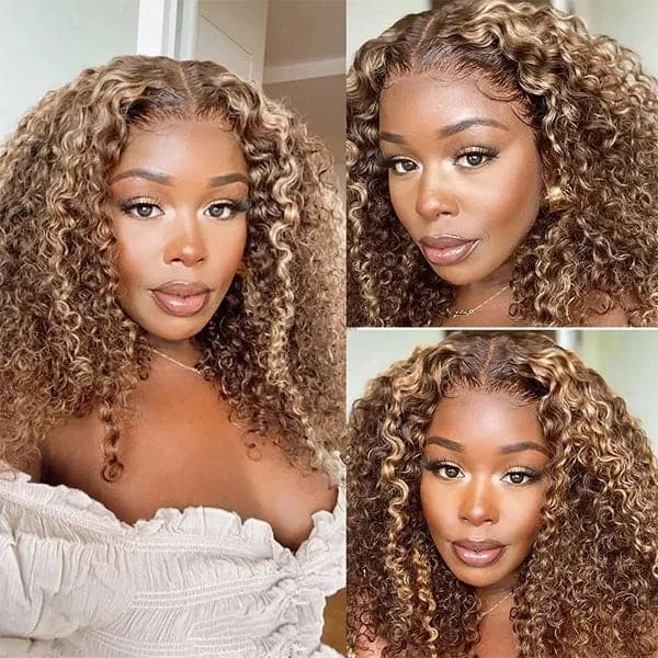 Fast Shipping Deep Curly 4/27 Highlight Wig Transparent T Part Lace Wig 4/27 Mix Color