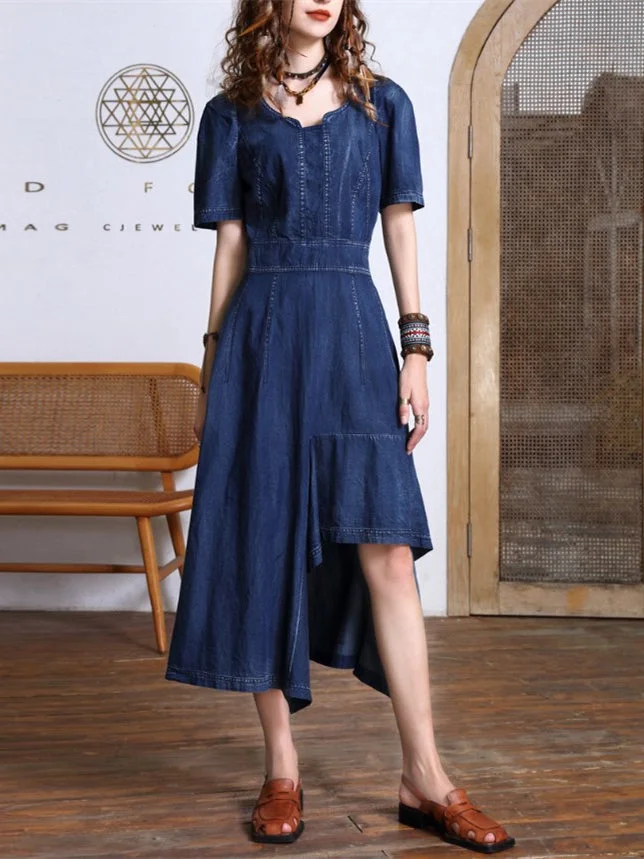Women's Denim Embroidery Short Sleeve Scoop Neck Dress