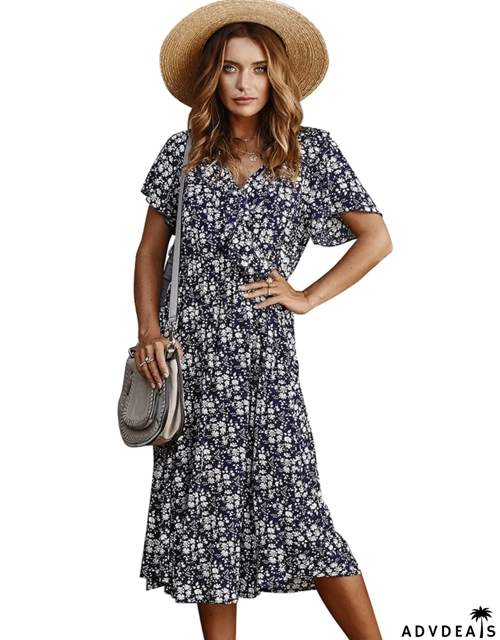 Summer Casual Short Sleeve Floral Long Dress