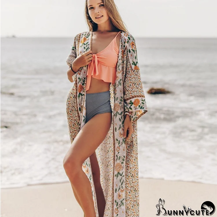 Three Quarter Sleeve Printed Beach Cover Up