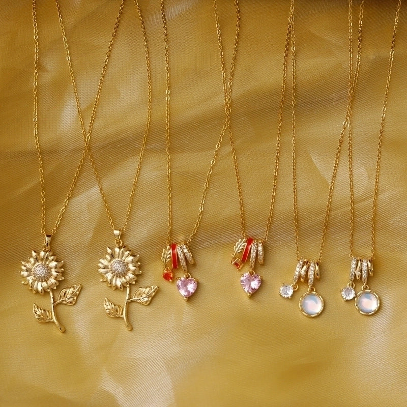 Sweet Commute Sunflower Heart Shape 304 Stainless Steel Zircon 16K Gold Plated 18K Gold Plated Stainless Steel Necklaces