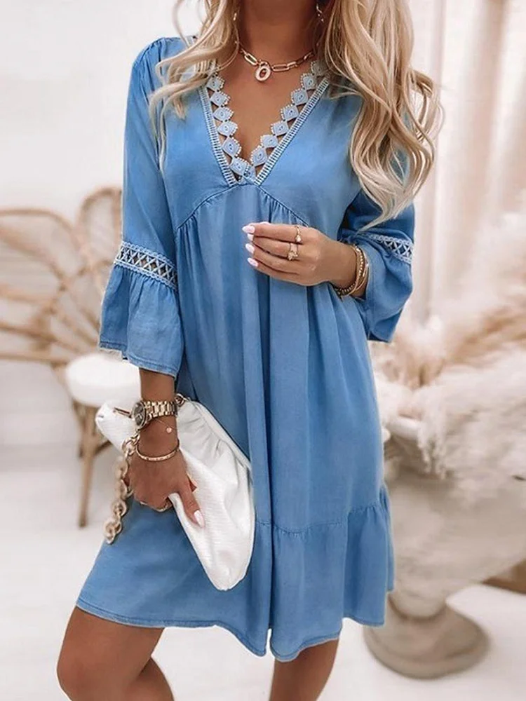 VChics Boho Print Lace Stitching V Neck Mini Dress