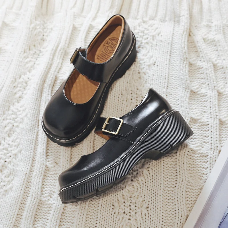 Vstacam 2022 New Arrival Japanese Style Vintage Buckle Mary Janes Shoes Women's Shallow Mouth Casual Student Leather Shoes Thick Bottom