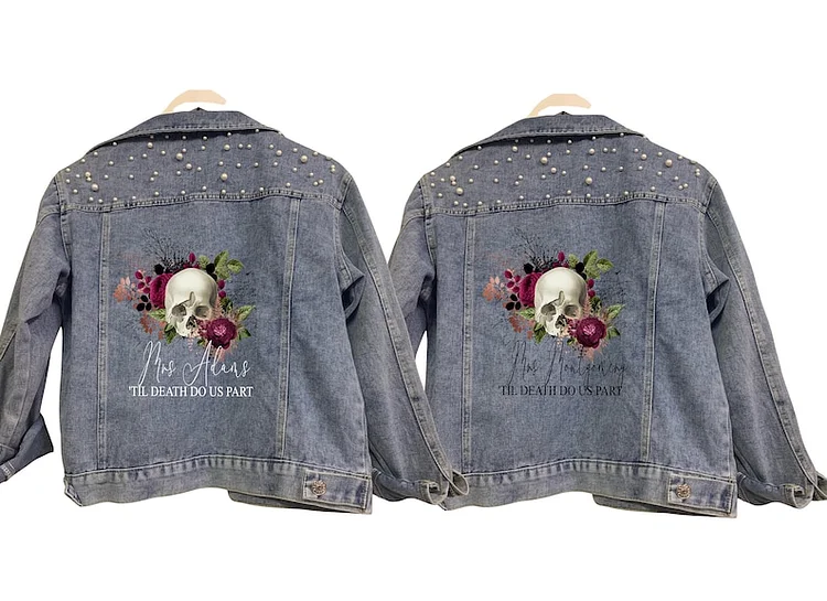 Personalised Mrs (your name) 'til death do us part floral skull print alternative wedding bridal denim jacket with pearl detail