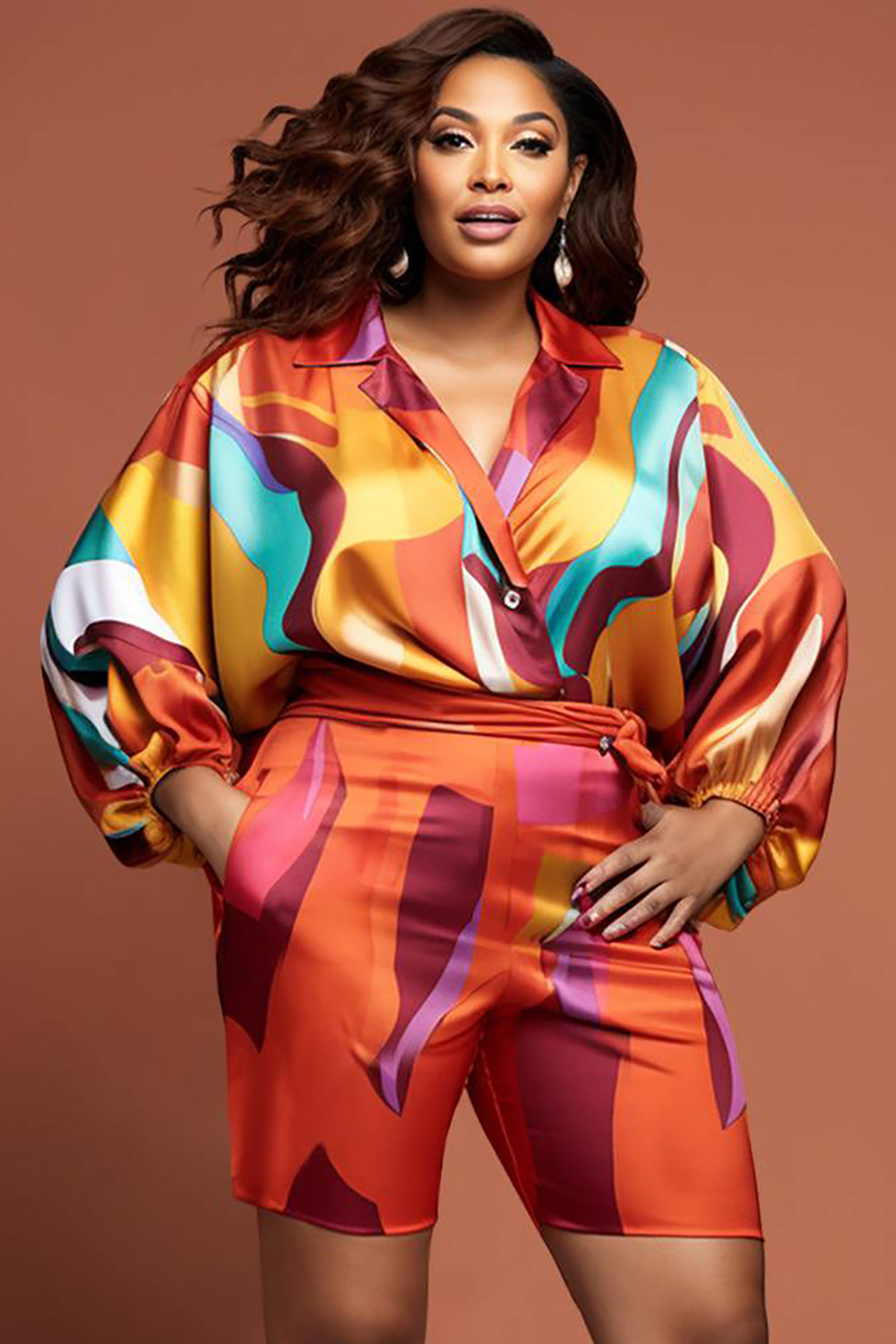 Design Plus Size Daily All Over Print Spring Summer Shirt Collar Lantern Sleeve Pocket Satin Short Sets [Pre-Order]