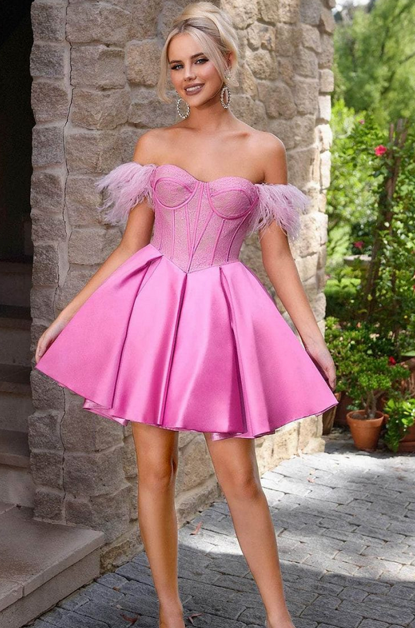  Charming Fuchsia Off-Shoulders Homecoming Dress with Pleated - Ohprom